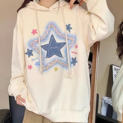 American Style Star Patch Fabric Design Women's Hoodie with Fleece Autumn and Winter New Style Sweet and Lazy Loose Hooded Top