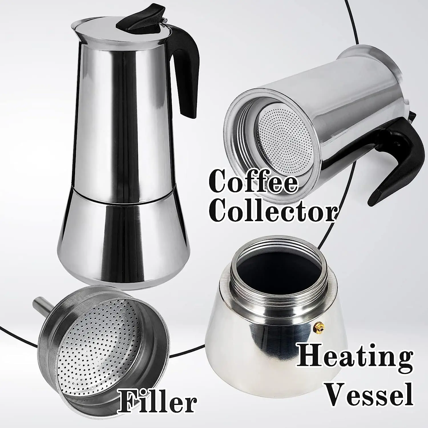 1-12Cups Stainless Steel Stovetop Moka Pot Portable Coffee Pot Fast Heating Extraction Italian Coffee Machine for Home Outdoor