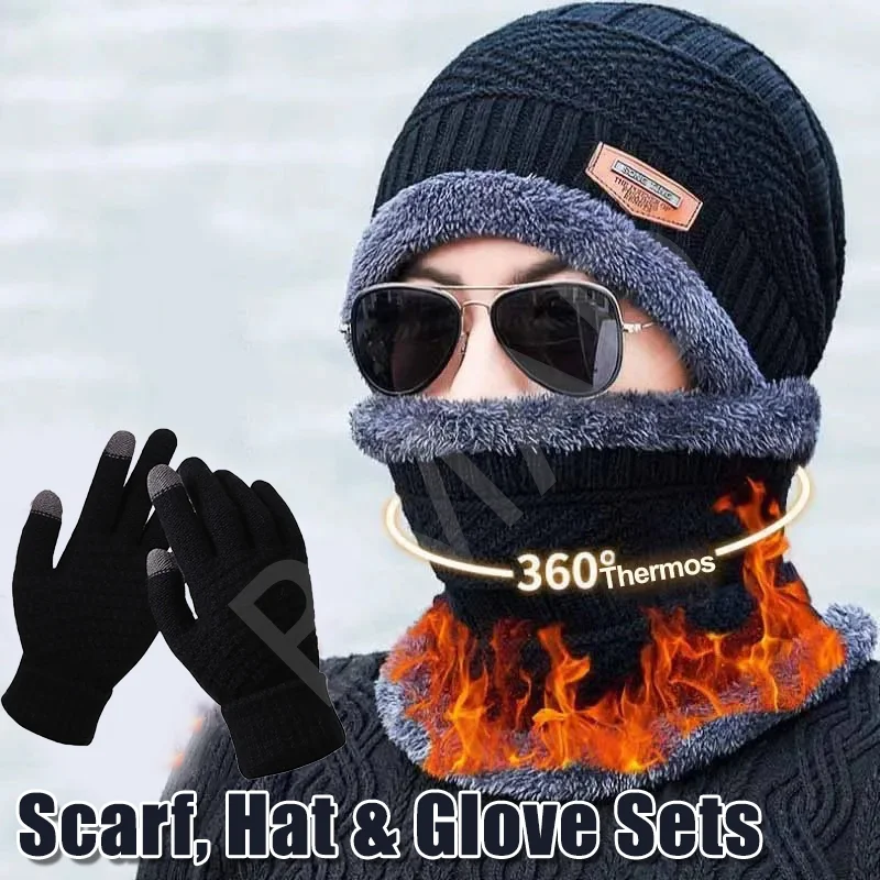 

Winter Fleece Scarf Hat Gloves Set Thicken Plush Winter Hat Wool Knit Cap Neck Mask for Men Women Outdoor Ski Cycling