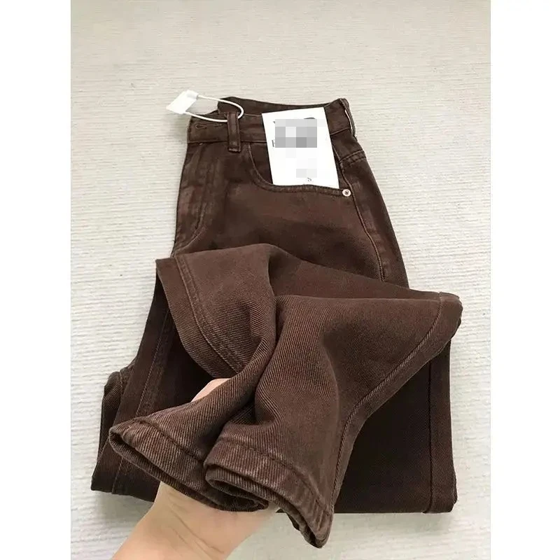 Women's American Vintage Coffee Brown Slim Straight Jeans High Waist Loose Slimming Casual Streetwear Spring Autumn New Arrival