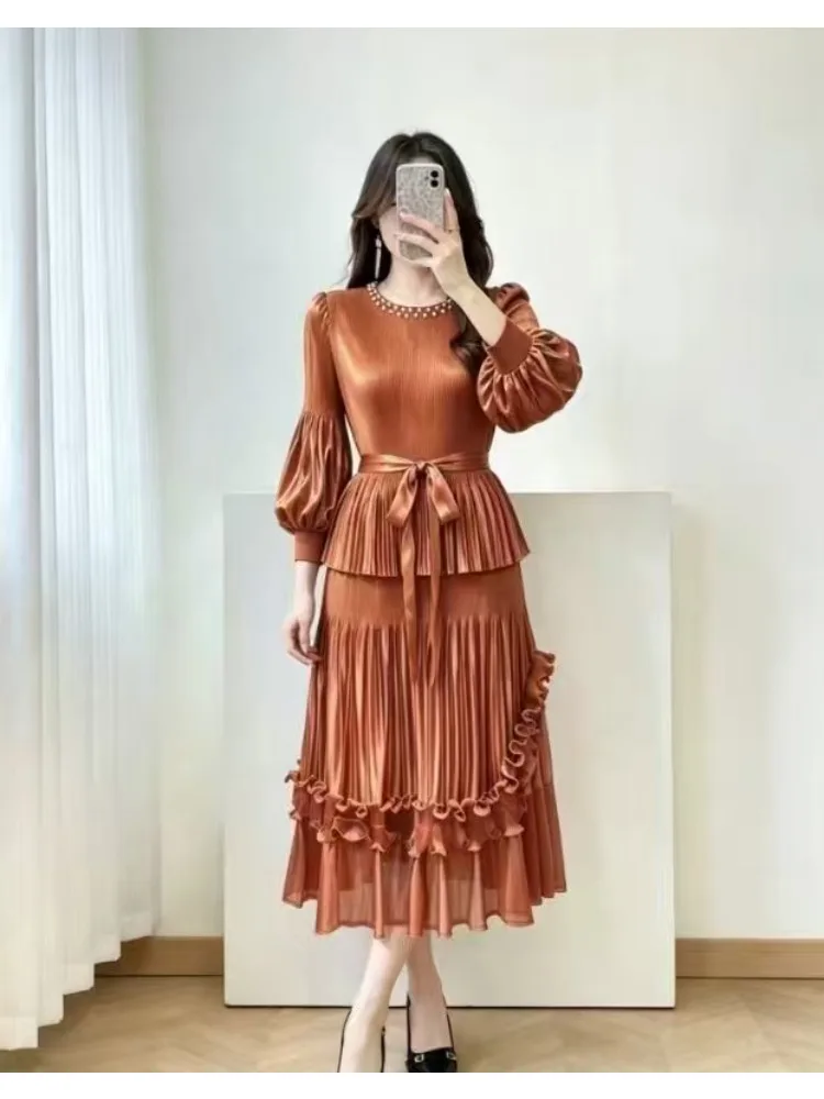 Miyake Loose Women's Clothing Dress Fashion Round Neck Solid Color Pleated Casual Long Dress New