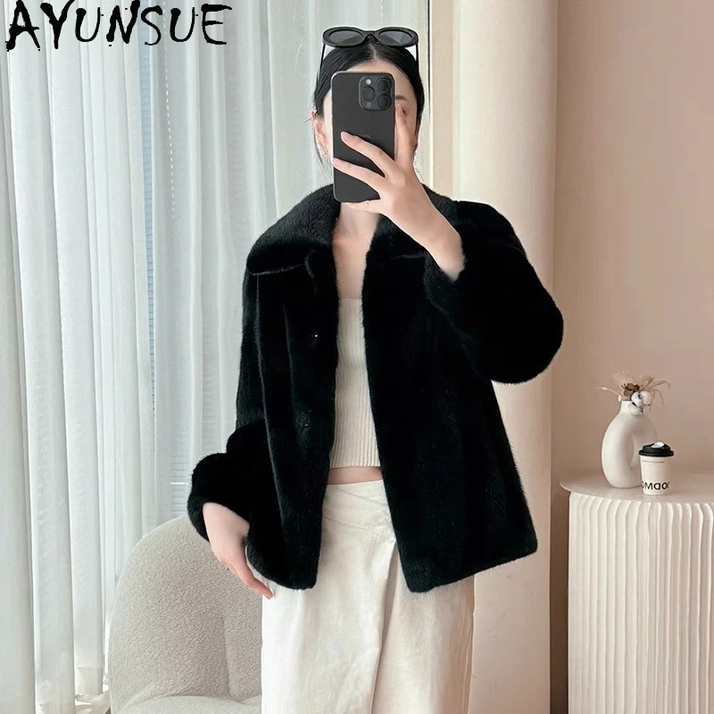 AYUNSUE abrigos de piel de visón Natural para mujer abrigo de piel negra 2025 Otoño Invierno abrigo mujer ropa de oficina ropa de mujer Pelzmantel Damen
