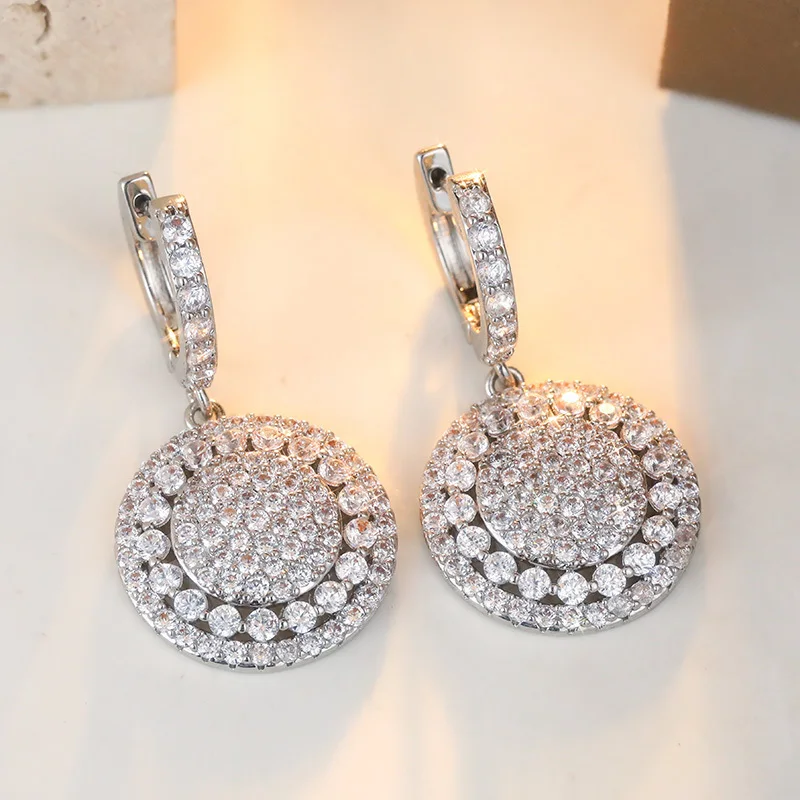 Ladies' Full Inlay Zircon Round Pendant Earrings Sparkling Temperament Earrings Banquet Party Elegant Jewelry  Accessory