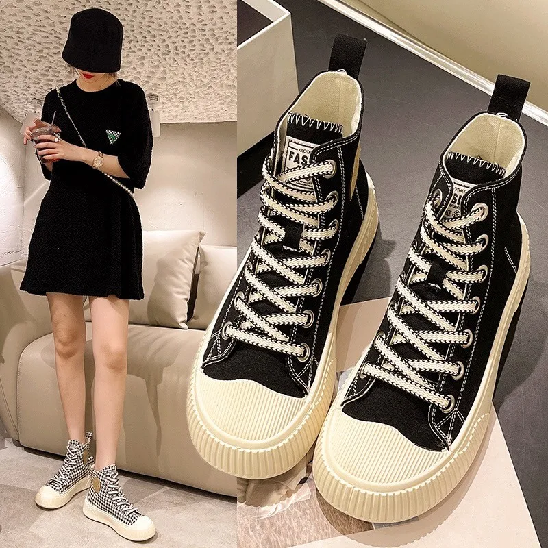 High Top Canvas Shoes Women Classics Shoes Four Seasons Lace-up Skateboarding Shoes Casual Ladies Sneakers Fashion Espadrilles