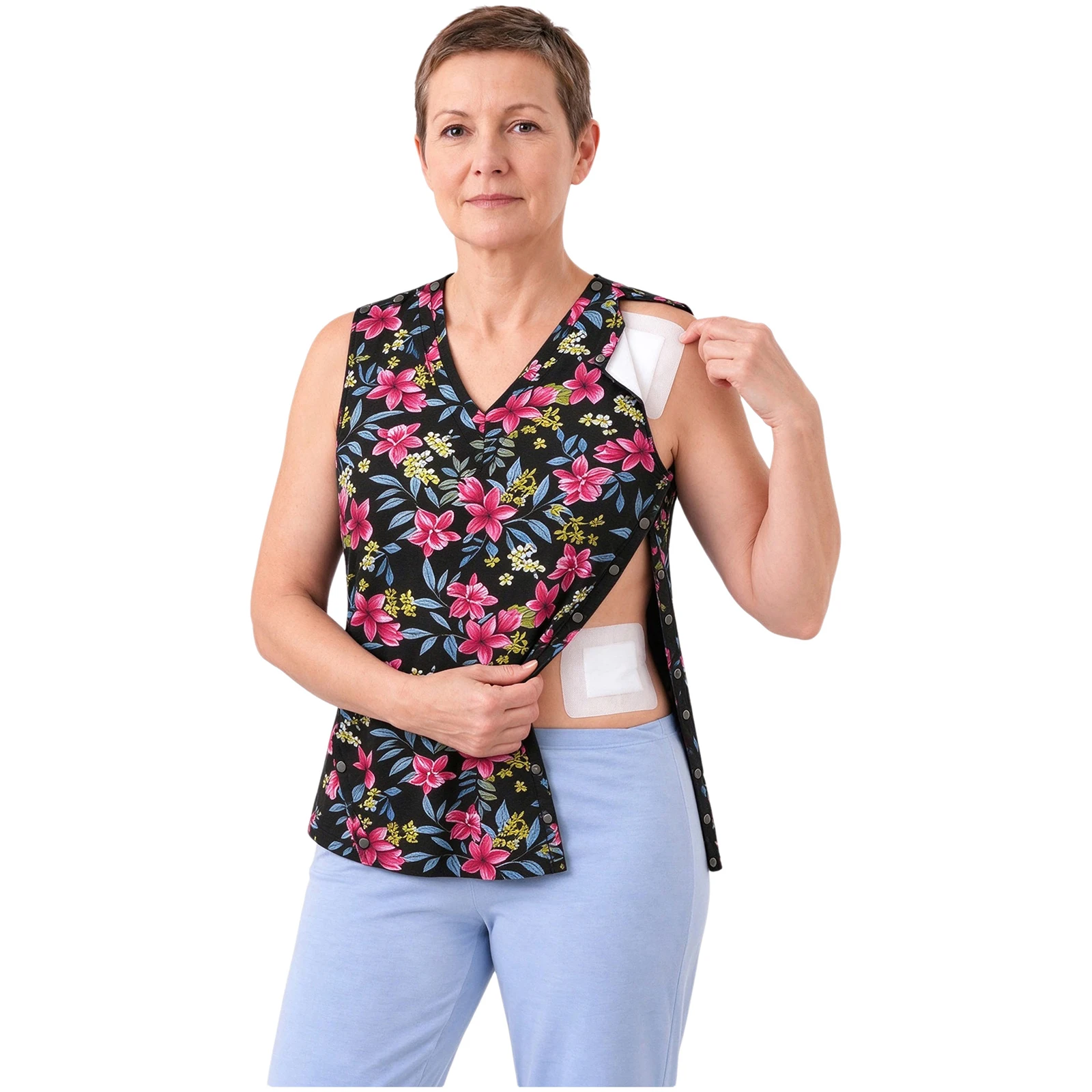 Women Elderly Post-surgery Adaptive Vest Shirt Press Buttons Shoulders Sides Tank Top for Postoperative Recovery Nursing Home
