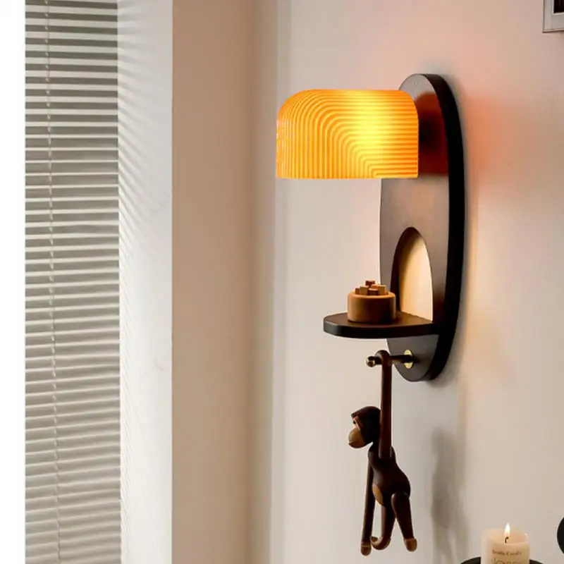 Multifunction Antique Solid Wood Wall Lamp with hook Living Room Bedroom Homestay Bedside Storage Rack wall fixture lighting