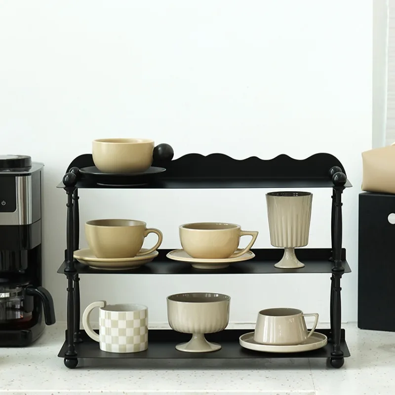 

Desktop kitchen cup rack matte black and white multi-layer coffee cup retro finishing storage rack