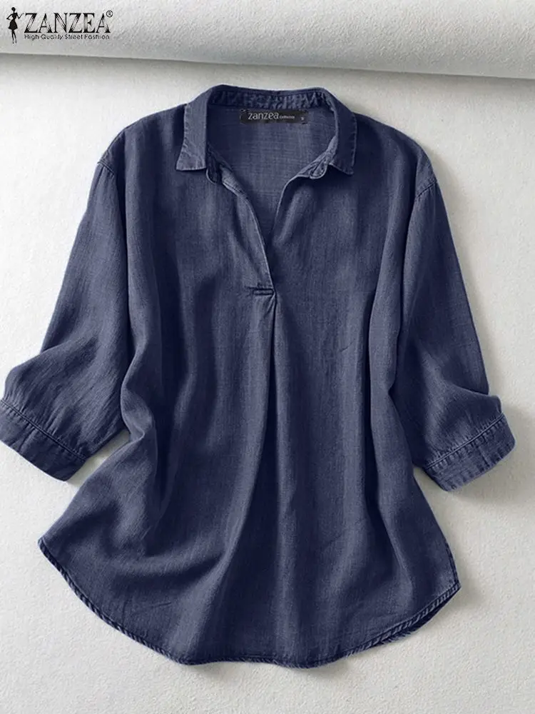 ZANZEA Casual Women Blusas Mujer Solid Summer Elegant Stylish Denim Shirt Lapel Neck Loose OL Work 3/4 Sleeve Blouse Tops Tunic