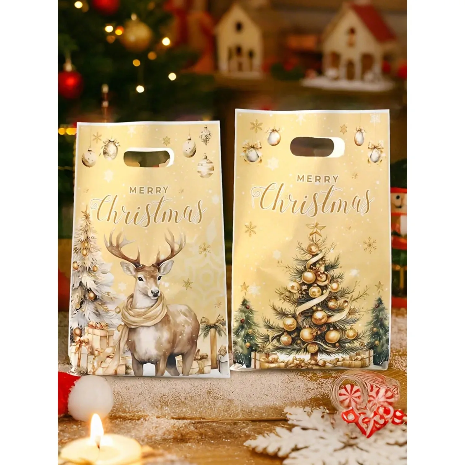 Elegante sacchetto regalo di Natale in oro! Disegni natalizi da 10 x 6,5 pollici sfusi (confezione da 10/25), perfetti per regali di Natale e feste.
