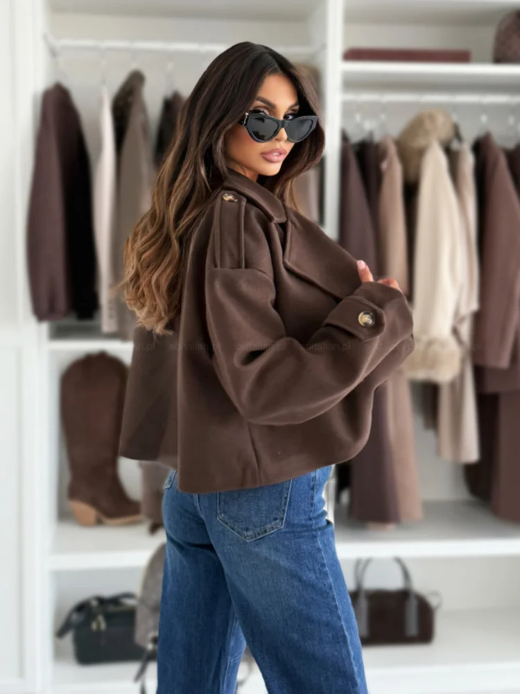 

Lapel Short Woolen Overcoat Solid Women Casual Full Sleeve V-neck Button Loose Warm Overcoats 2026 Lady Spring Autumn Outwear