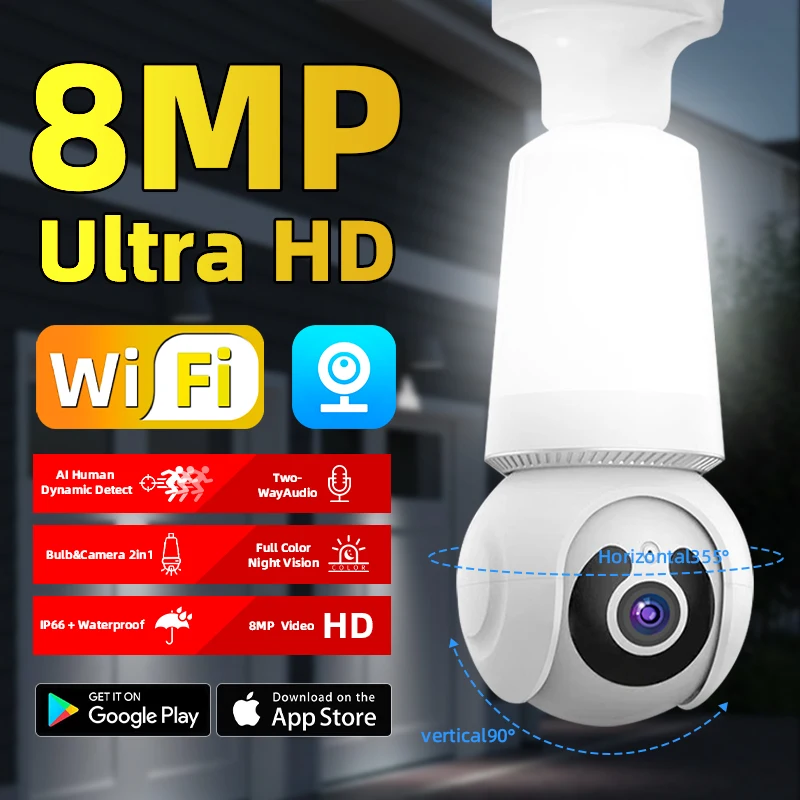 8MP 4K HD E27 Bulb Camera 2 in 1 WiFi Surveillance With LED Bulb CCTV PTZ Smart Tracking Two-way Audio Night Vision Wireless Cam