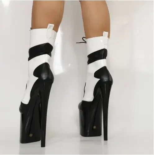 Size 47 Girls Black White Patchwork Leather 20 CM Thin Heels Platform Cross Tied Lace Up Front Ankle Boots Women Short Booties