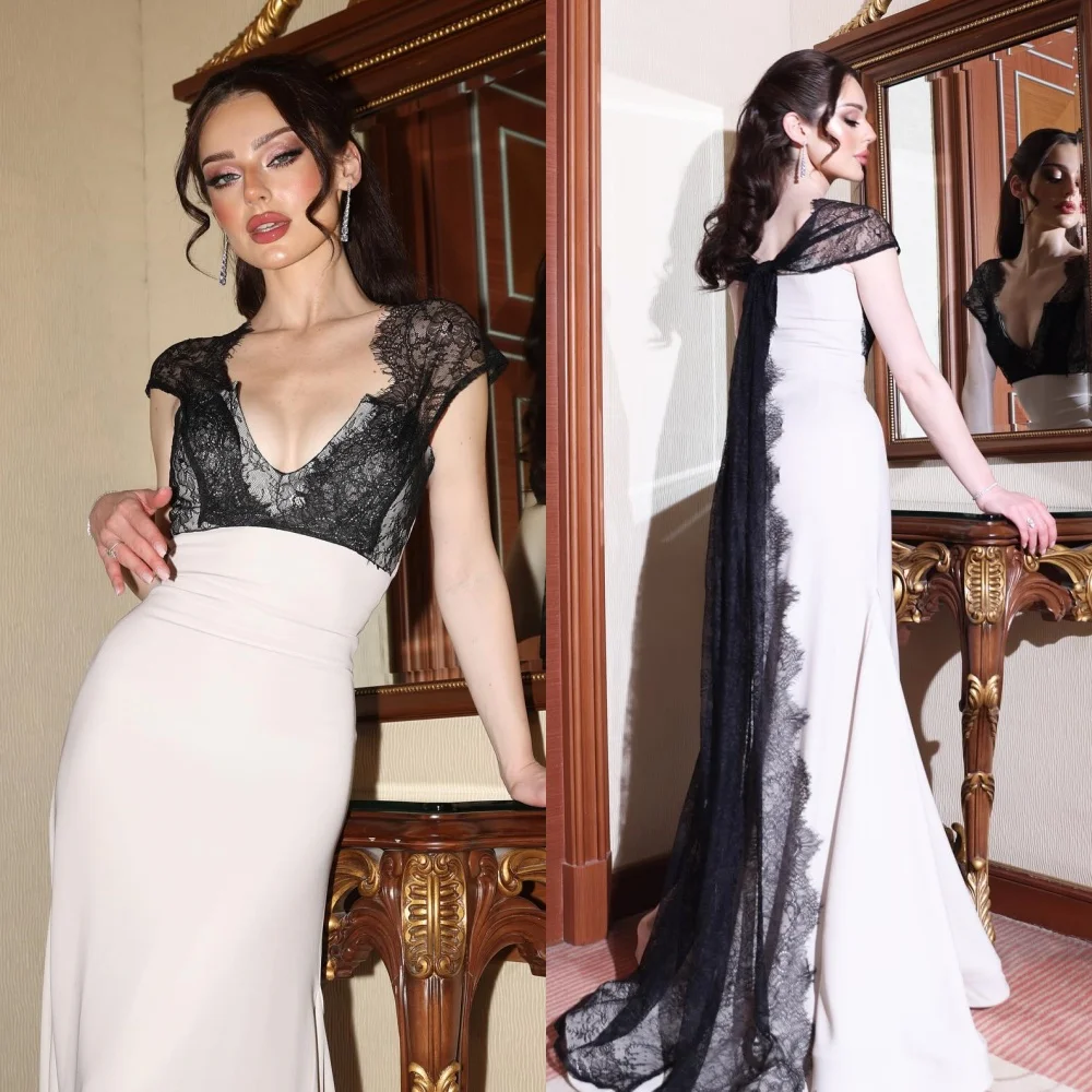 

Customized Sexy Fashion Jersey Lace Pleat Ruched Mermaid V-neck Long Dresses Bespoke Occasion Dresses High Quality Classic