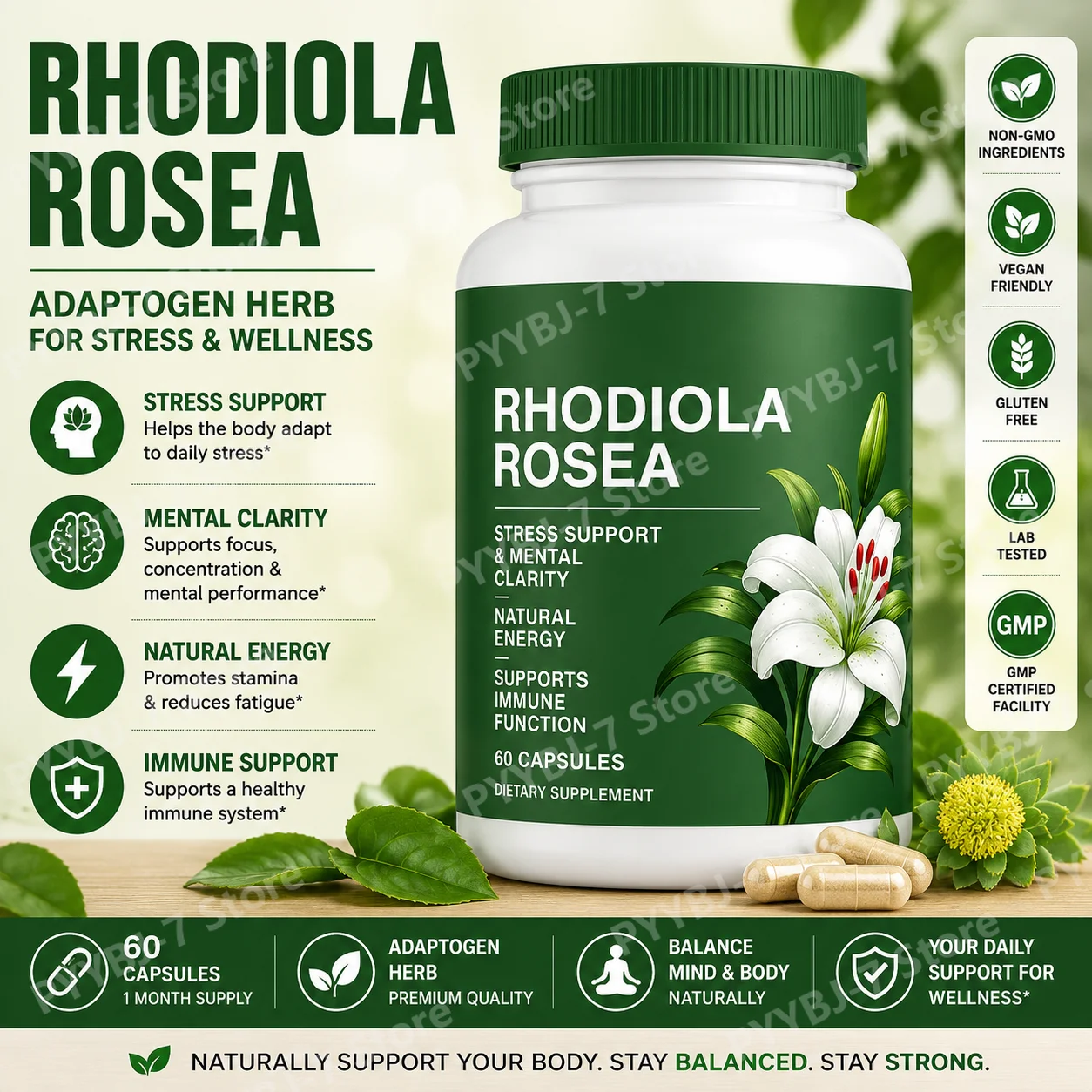 

Rhodiola Rosea Capsules 500mg, Herbal Adaptogen for Daily Energy Focus and Wellness Support, Vegan Non-GMO, 60 Count