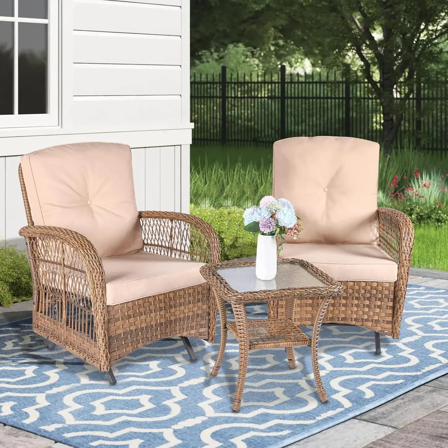 

3 Pieces Outdoor Patio Wicker Rocking Glider Set, Rocking Chairs Rattan Patio Furniture Sets with Glass-Top Coffee Table