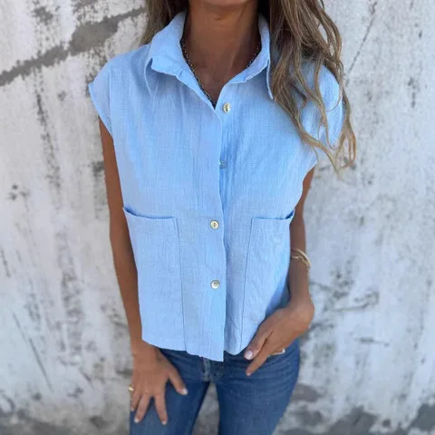 Tops en blouses voor dames, overhemd 2025, katoenen overhemden met effen zomerknopen voor dames, top met korte mouwen en zak