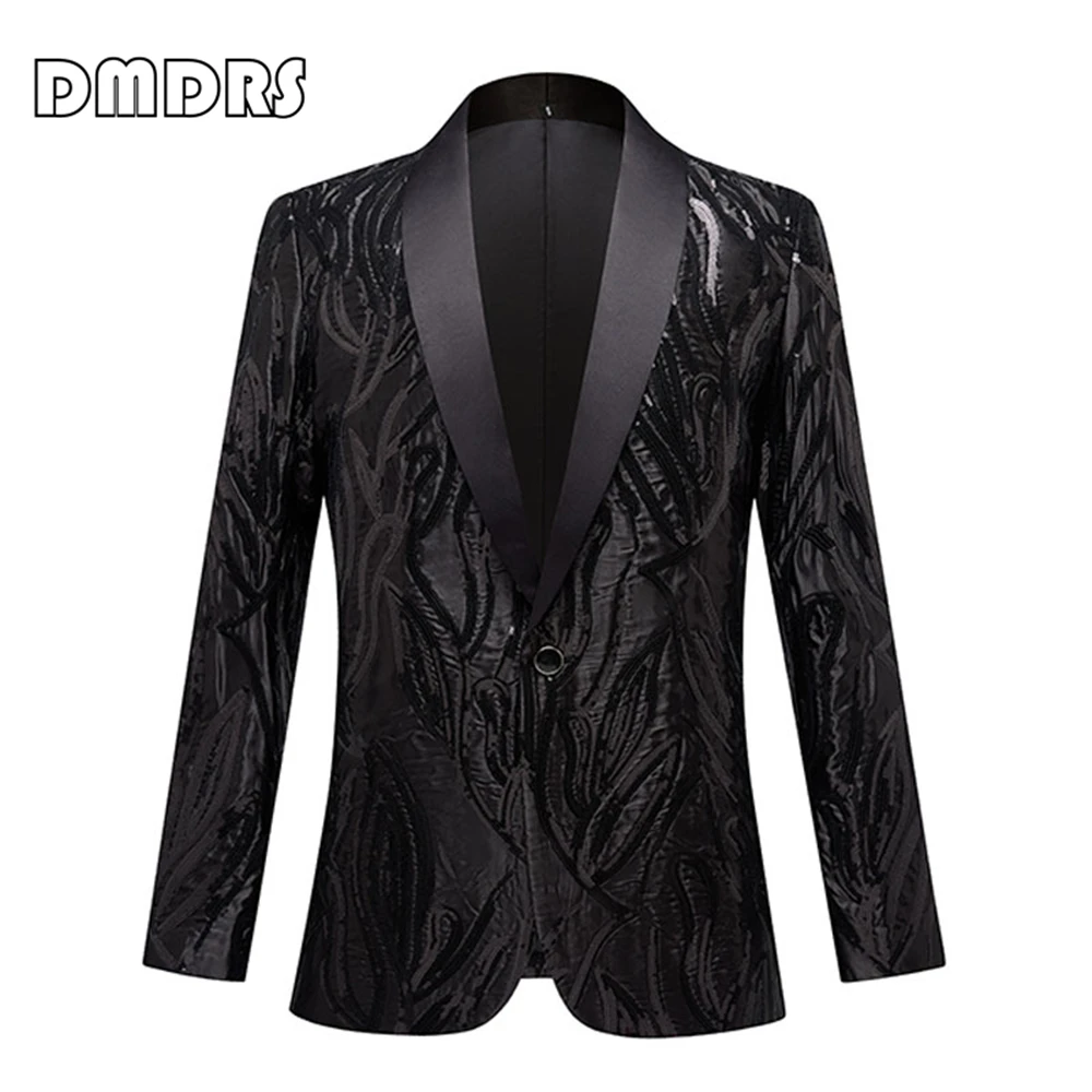 XS-3XL Black Shawl Neck Suit Jacket for Men, Sequined One Button Suit Blazer, Plus Size Men's Suits with Real Images