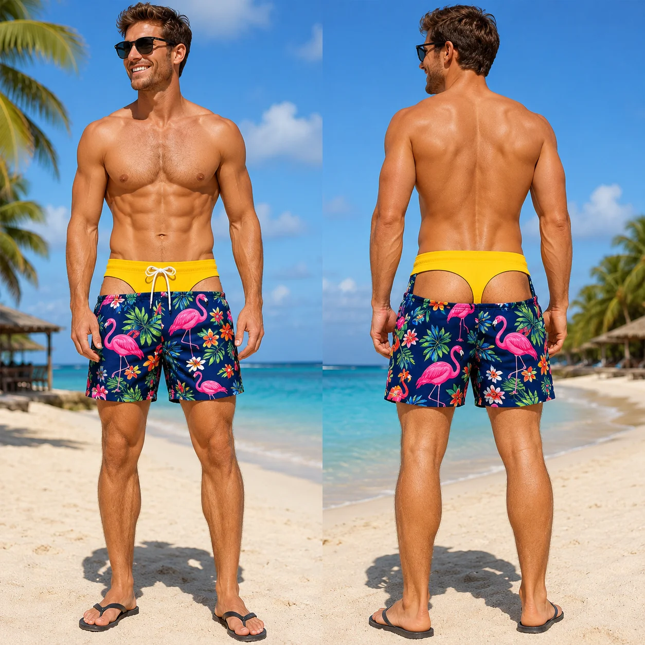 funny men's swimsuit Flamingo Tropical Swim Trunks Yellow Thong Illusion Hawaiian Floral Novelty Board Shorts Quick Dry Beach