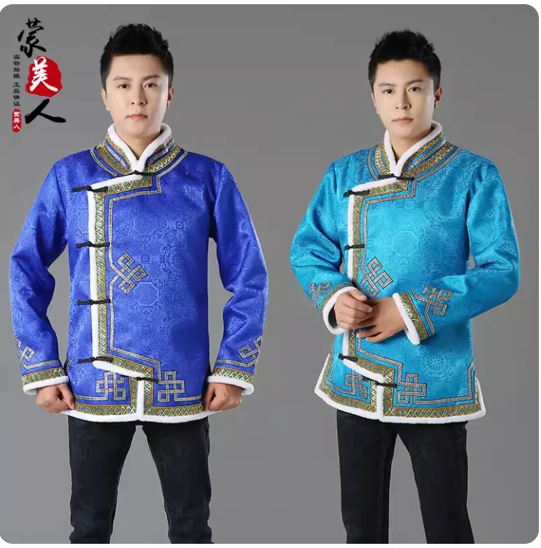 Chinese folk dance ethnic style Mongolian robe men's autumn and winter plush thick coat