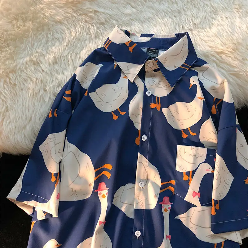 Super Cute Ducks Full Print Beach Shirts Kawaii Teenages Button Up Shirt Men Women Tops Loose Summer Chiffon Comfort Hip Hop Tee