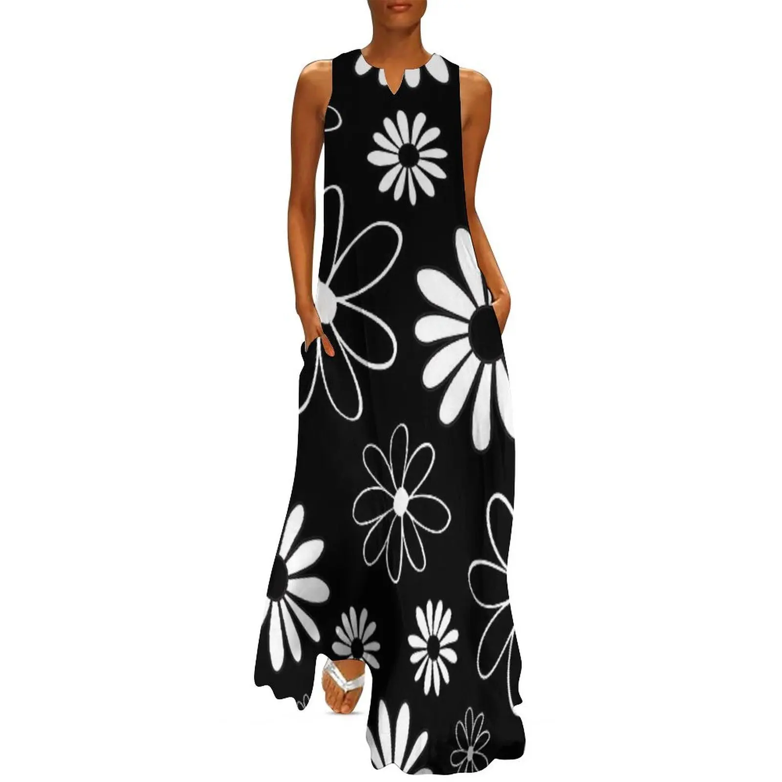 

Retro Mod Daisies Black and White Long Dress wedding guest dress 2025 Clothing birthday dress for women luxury 2025
