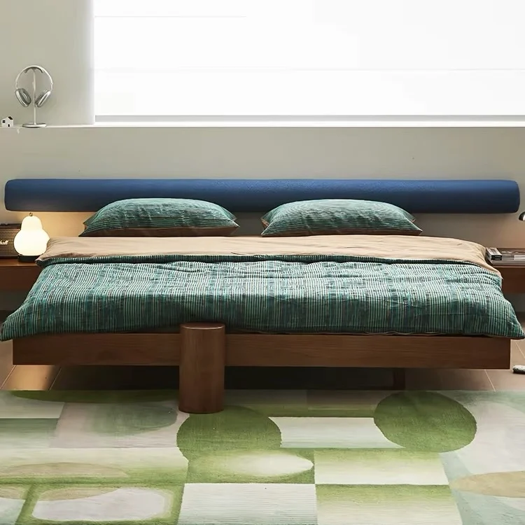 #Modern Solid Cherry & Pine Wood Bed Bedside Table Design Tatami Bed Upholstered Headboard Customizable Size Double BedFurniture