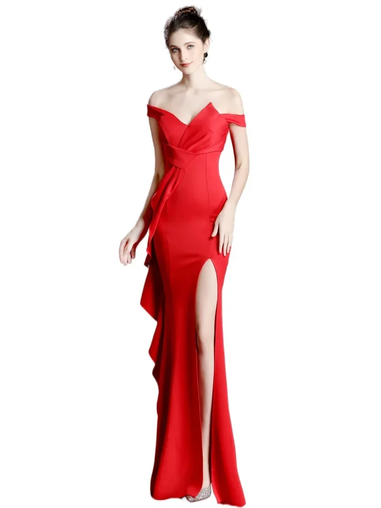 

Sexy Off Shoulder Ruched Ruffles High Split Mermaid Long Formal Evening Dress