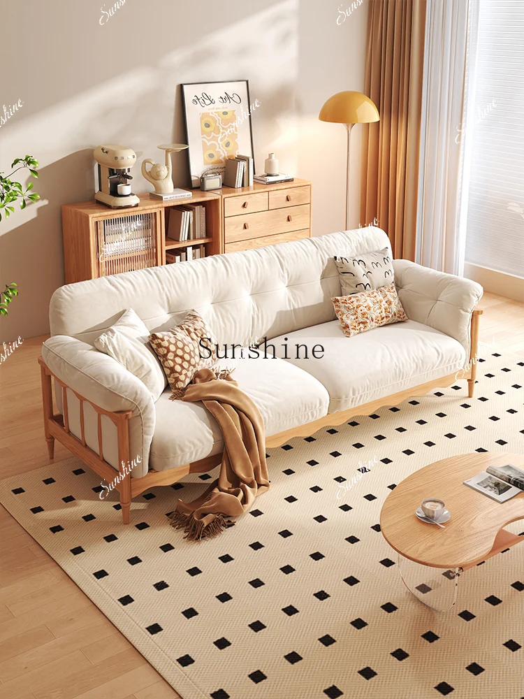 Small apartment living room retro cloud cream straight row cat scratching fabric sofa  FT
