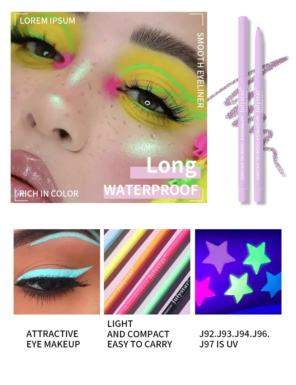 UV Fluorescent Eyeliner Pencil, Waterproof & Smudge-Proof, Colorful Shimmer Gel Eye Liner, Glitter Metallic Makeup, Long Lasting