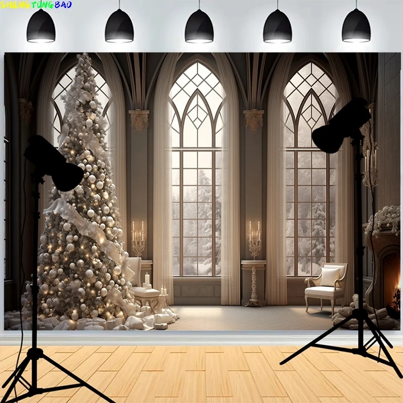 

Christmas Day Fireplace Photography Backdrops Large Window Living Room Wreach Xmas Tree Fireplace New Year Background XH-35