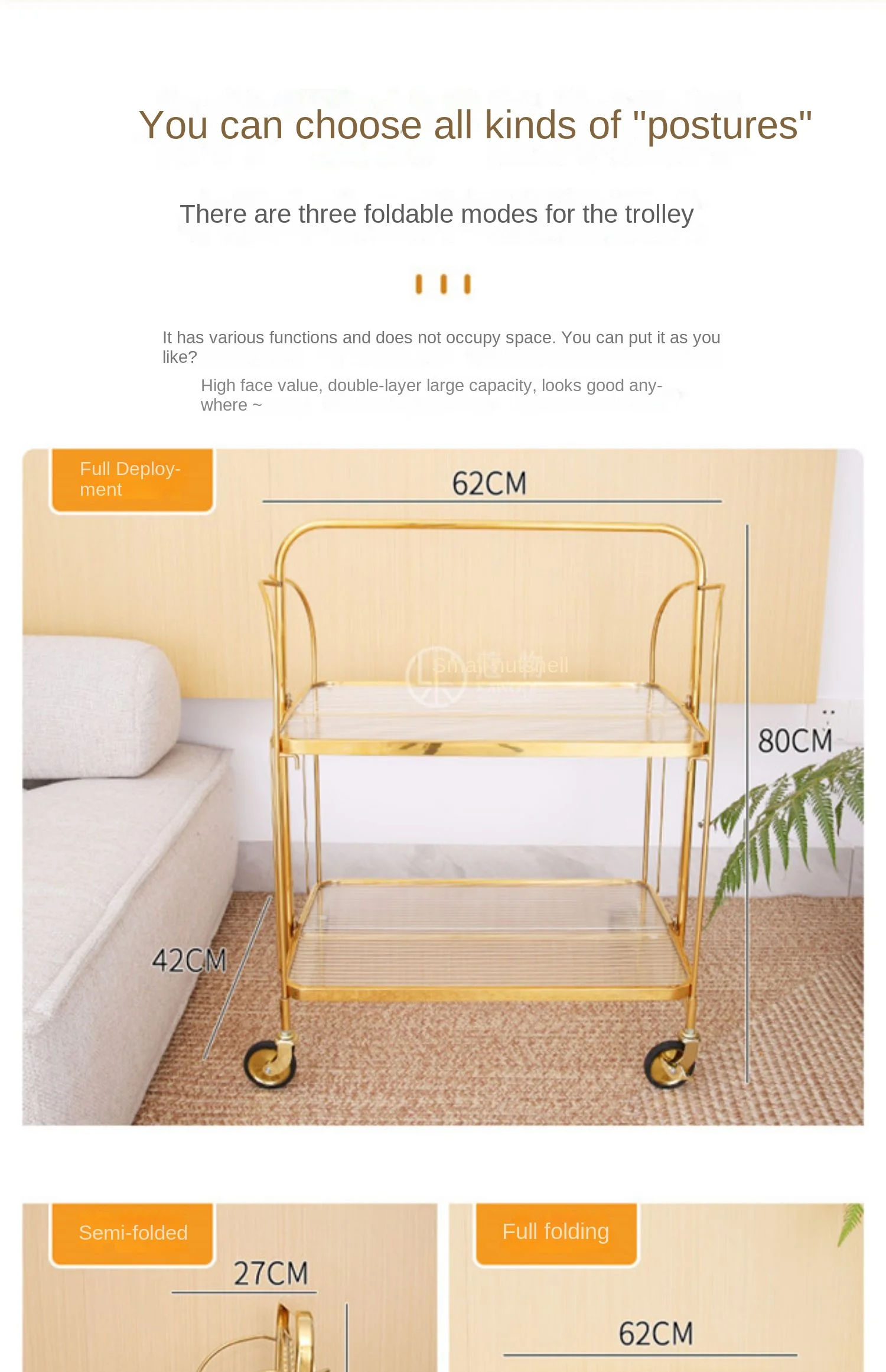 LXL Internet Celebrity Mid-Ancient Stainless Steel Folding Mobile Trolley Super White Changhong Glass Dining Car Side Table