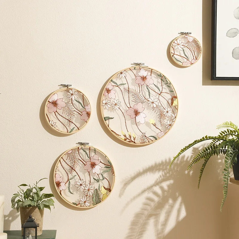 Bamboo Hoop Wall Art Handmade Floral Knit Decor Minimalist Boho Home Decor for Bedroom/Living Room Wall Hanging Wall Art Gift