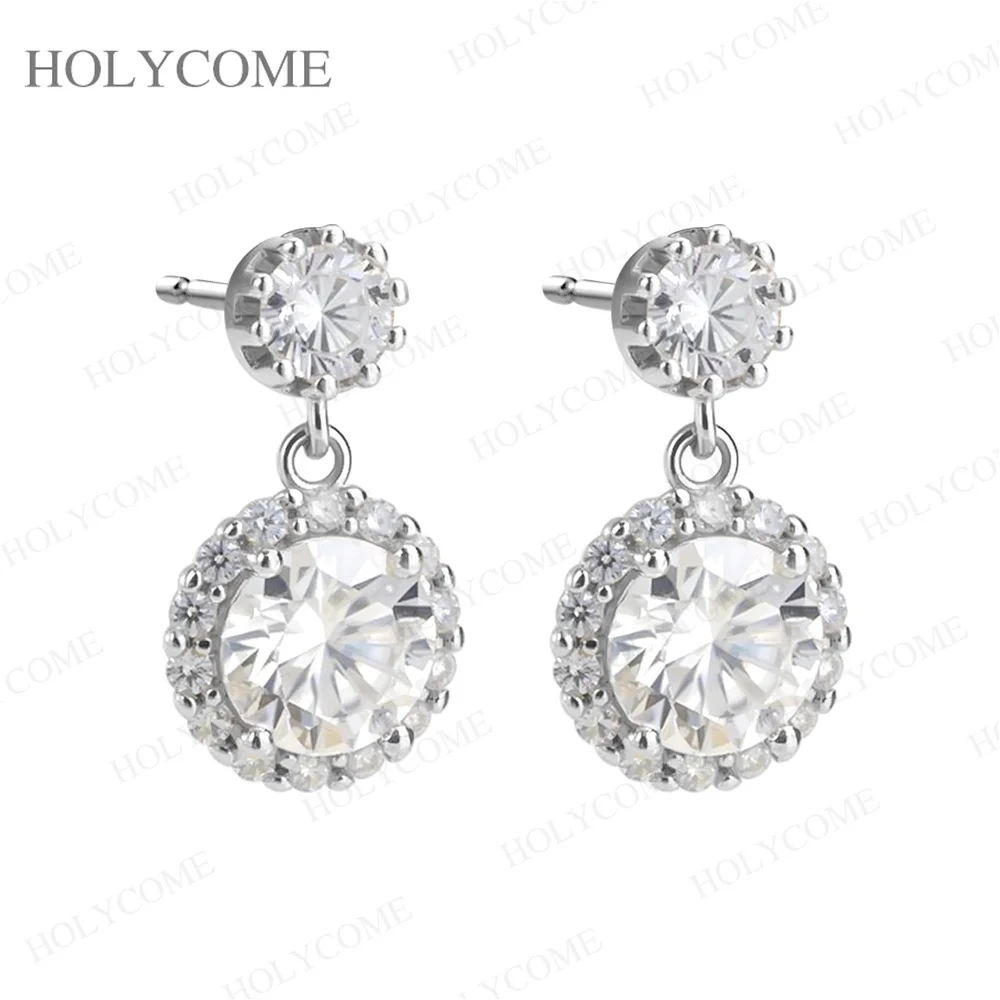925 Sterling Silber Moissanit Halo Tropfen-Ohrringe Runder Brillantschliff Hängeohrringe für Damen Brautschmuck – Detail 1