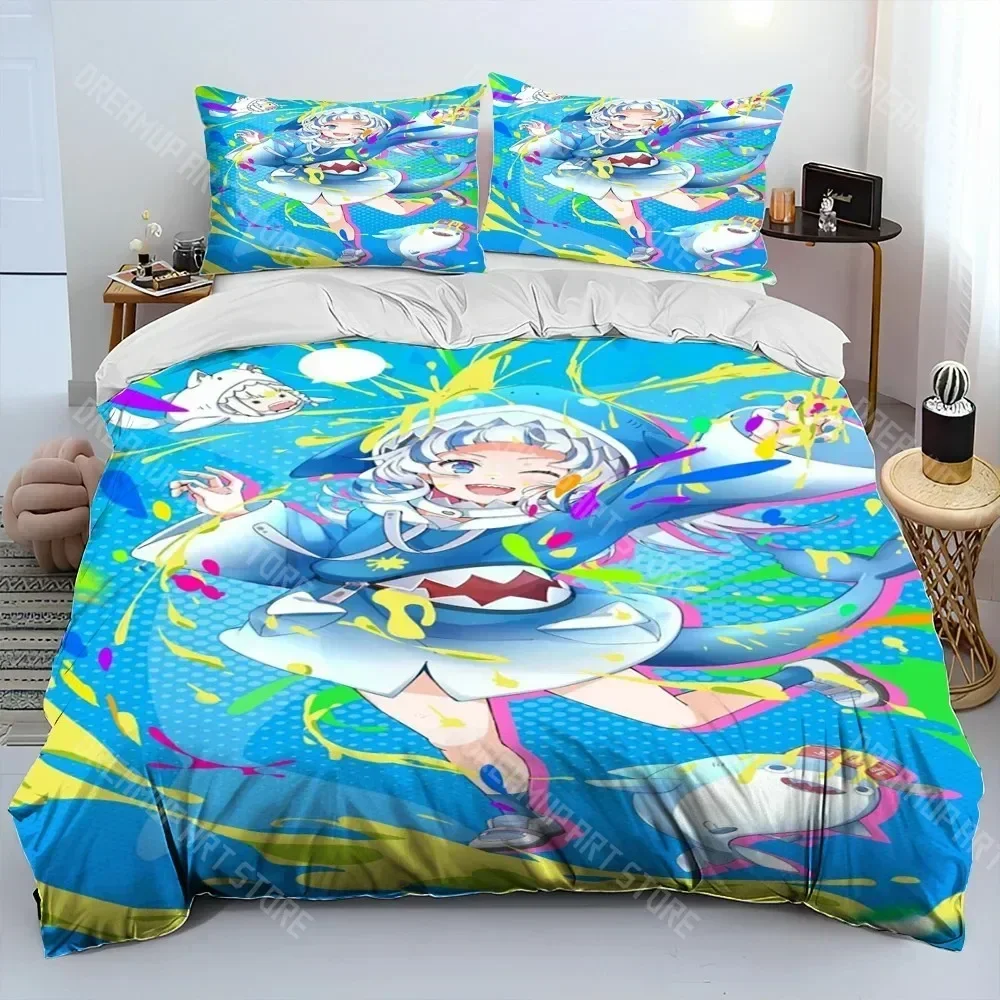 Cute Gawr Gura Hololive Anime Shark Comforter Bedding Set,Duvet Cover Bed Set Quilt Cover Pillowcase,king Queen Size Bedding Set