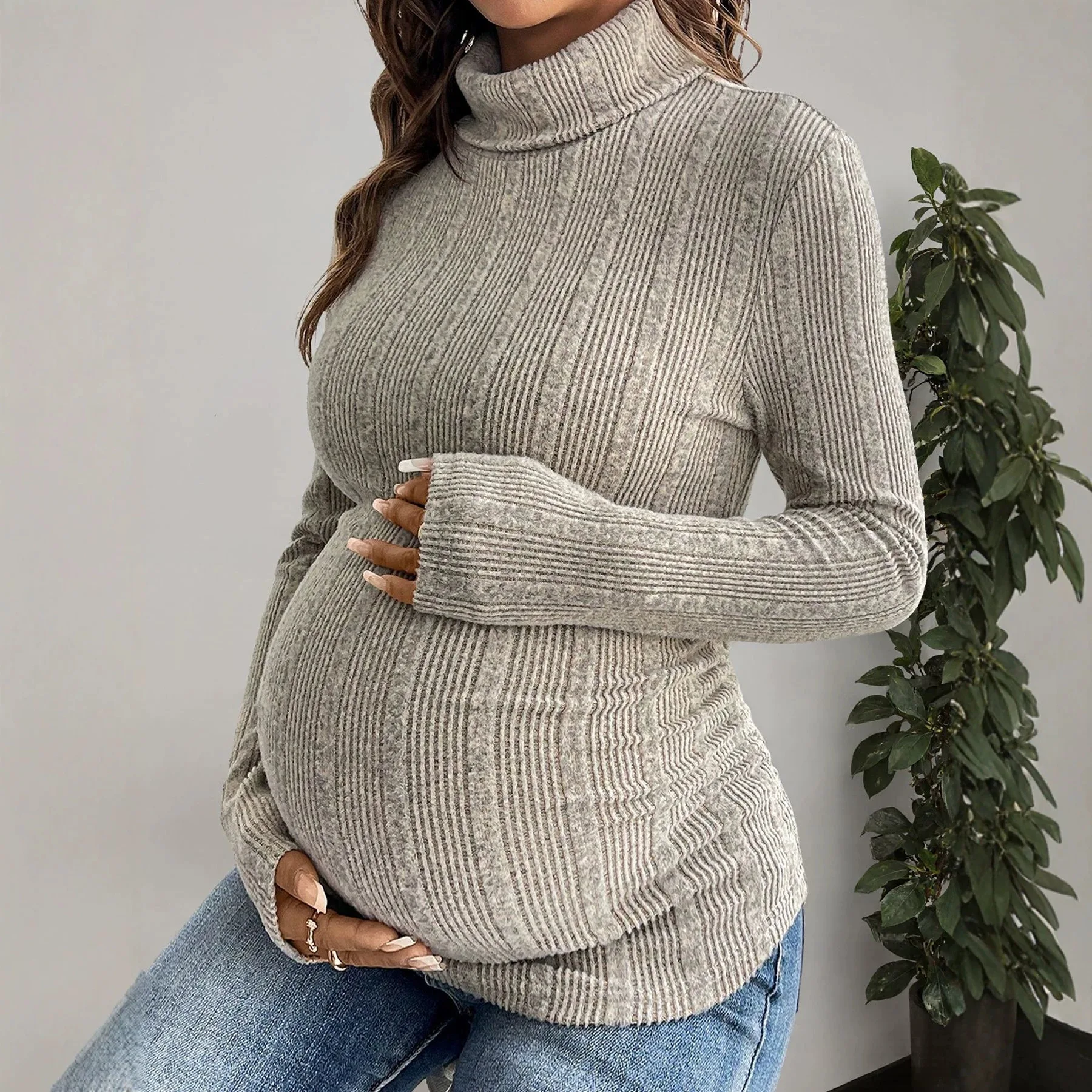 2026 New Maternity Turtleneck Knit Base Shirt Autumn Winter Stretchy Ribbed Long Sleeve Loose Top Third Trimester Pregnant Women