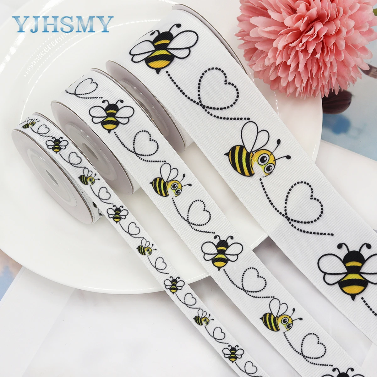 Bee Ribbon Bumble Baby Bee and Flower Ribbon, White Black and Yellow Grosgrain Ribbons Use for DIY Bow Baby Shower Party Decor