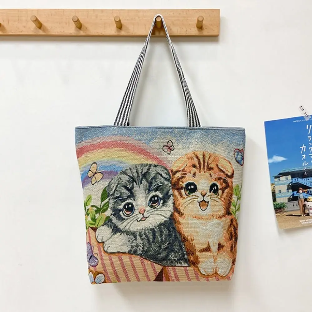 Dog Ethnic Style Handbag Trendy Large Capacity Embroidery Cute Cat Cloth Bag Canvas Storage Bag Animal Shoulder Bag Outdoor