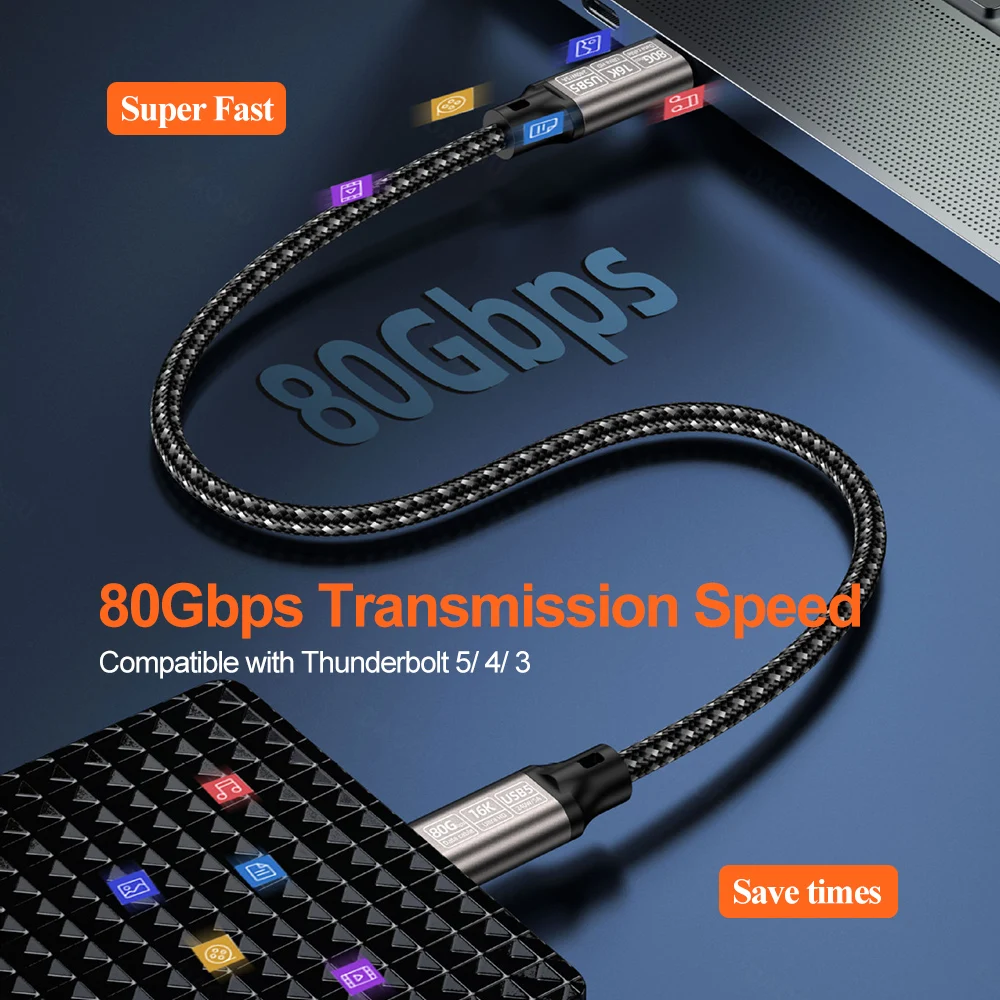 80Gbps USB5 USB C Cable 16K60Hz 8K120Hz Data Cable USB Type C 5A 240W C-type Fast Charging Cord for Thunderbolt 5 4 Laptop Table