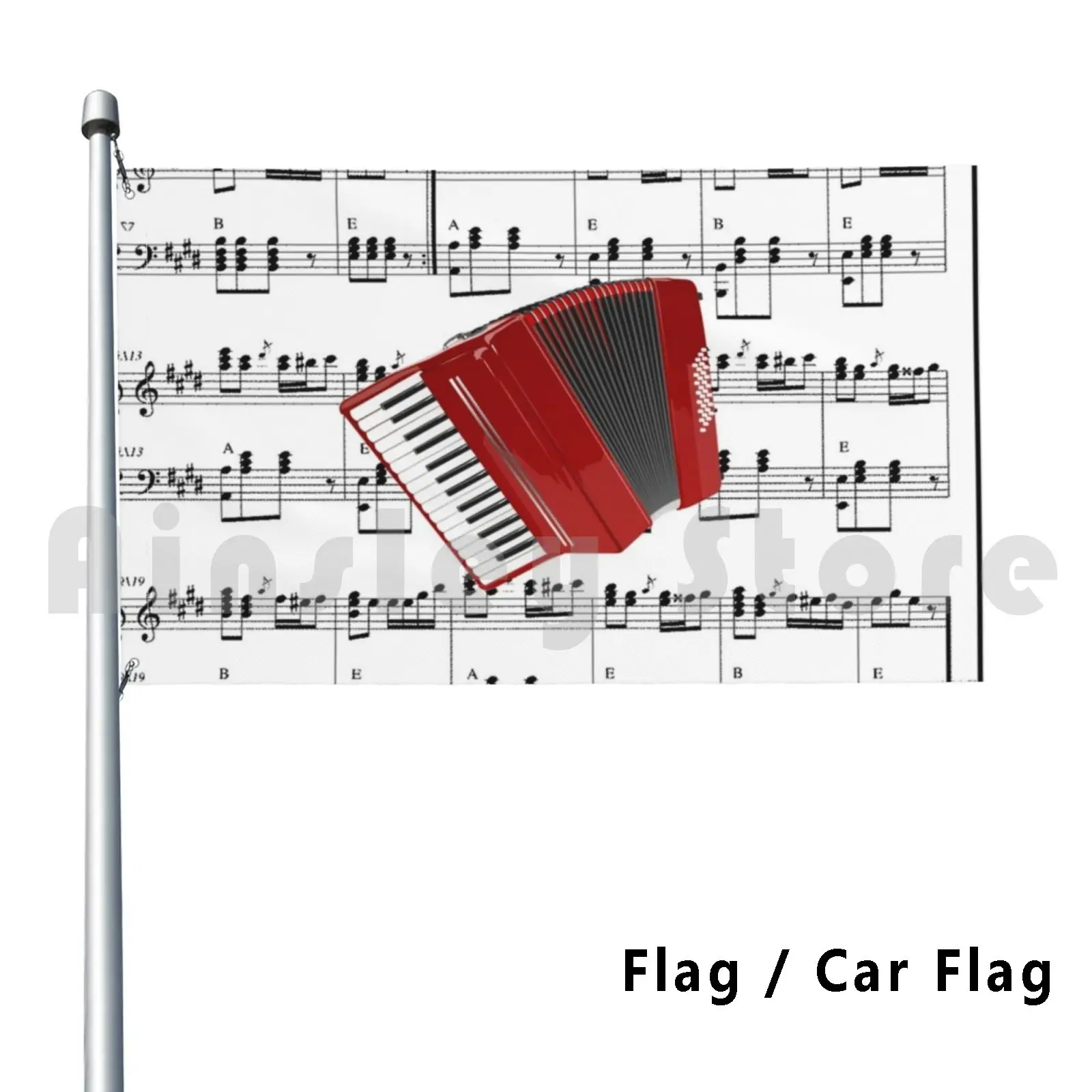 ¡Accordón rojo y partituras de Polka! Bandera Bandera del coche Divertido acordeón rojo y partituras musicales