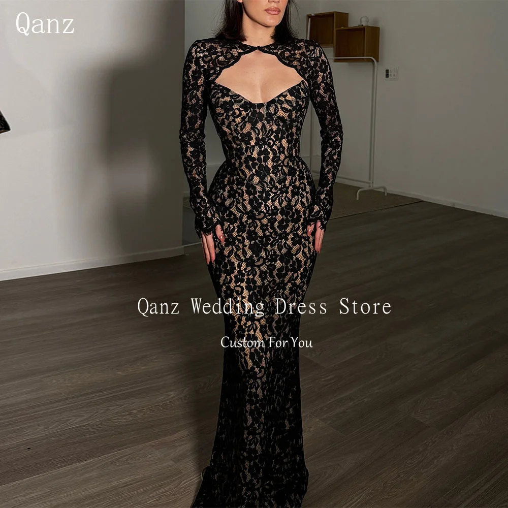 

Qanz Скромные черные кружевные вечерние платья с жакетом с длинными рукавами Вечерние платья русалки с корсетом сзади Vestidos De Gala по индивидуальному заказу