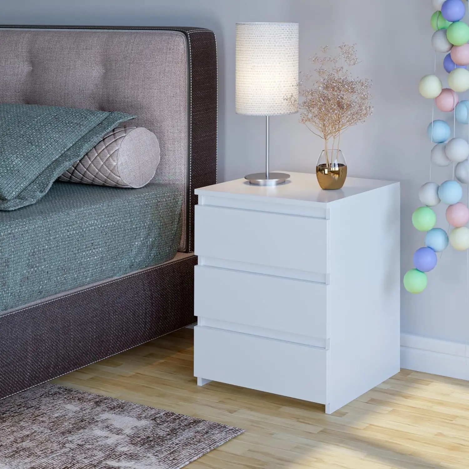 طاولة بجانب السرير بيضاء من Getone، خزانة صغيرة بجانب السرير، منضدة، خزانة ذات أدراج مع 3 أدراج لغرفة النوم