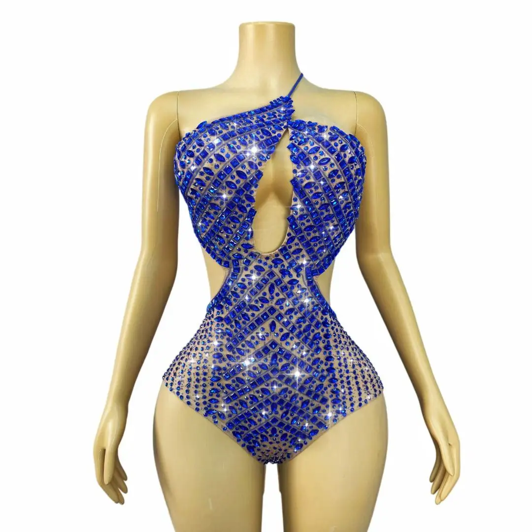 Lanjing Royal Blue Rhinestone Embellished Sheer Mesh Cutout Halter Neck Bodysuit for Drag Queen Performances and Nightclub Event
