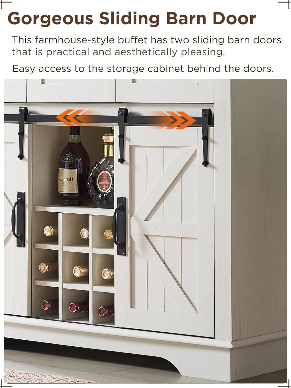 72인치 팜하우스 바 캐비닛 슬라이딩 바른 도어 포함, 와인 및 유리잔 랙이 있는 대형 주방 뷔페, 3개의 서랍, 무료 배송