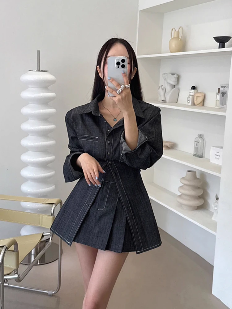 

Retro Chic irt Sle Dr Women High Waist Pleated Skirt Autumn New Arrival Faion Set Long Sve Loose Fit Commute...