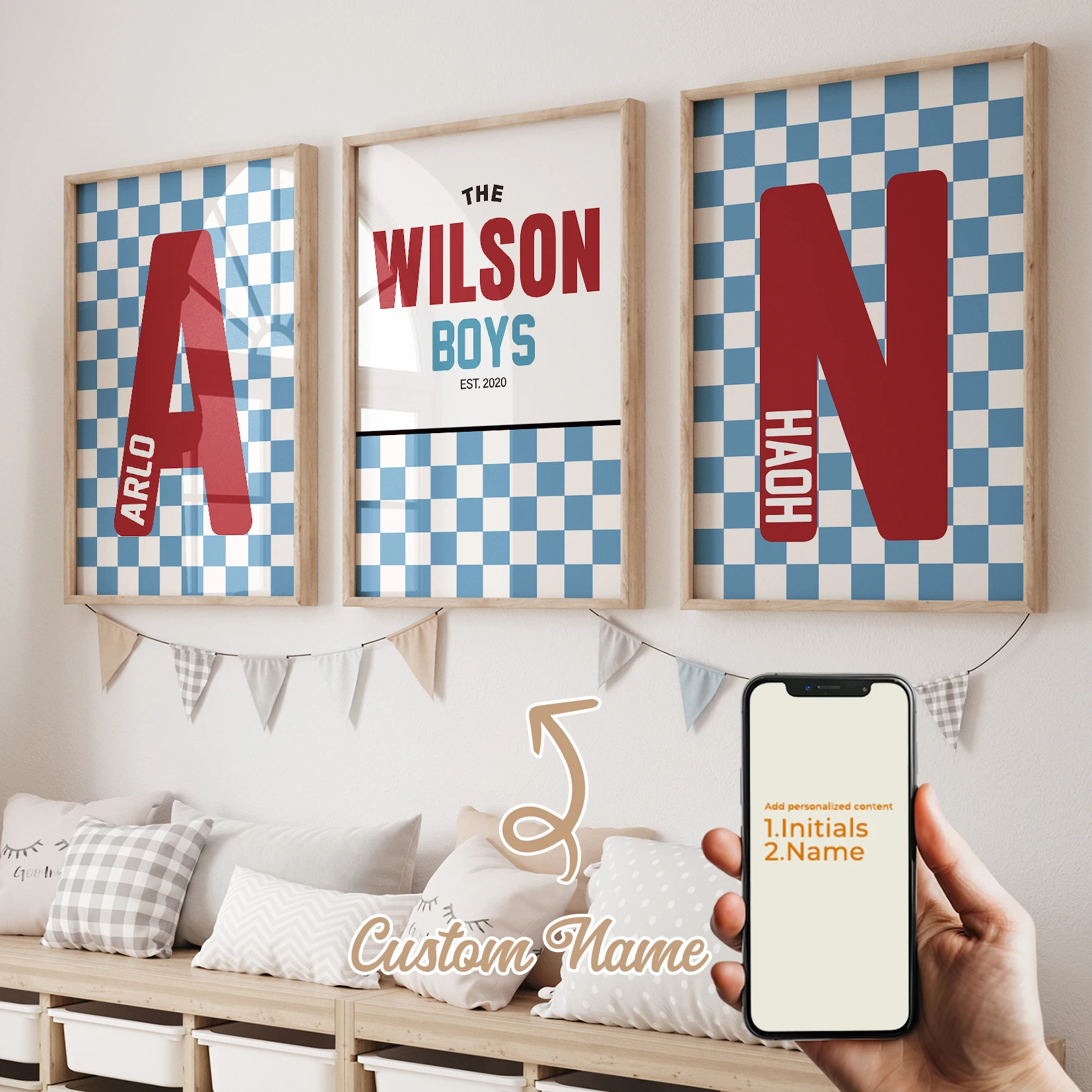 3pcs Personalized Custom Name Blue Grid Wilson Boy Wall Art Print Picture Canvas Poster Painting Living Room Home Decor