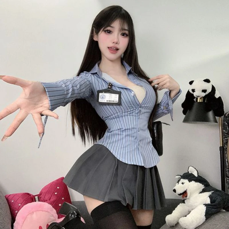 Anime JK jednolity przebranie na karnawał zestaw mundurków koszula z w paski długie rękawem Top garnitur biznesowy stroje japońskiego do odgrywania ról studenckiego