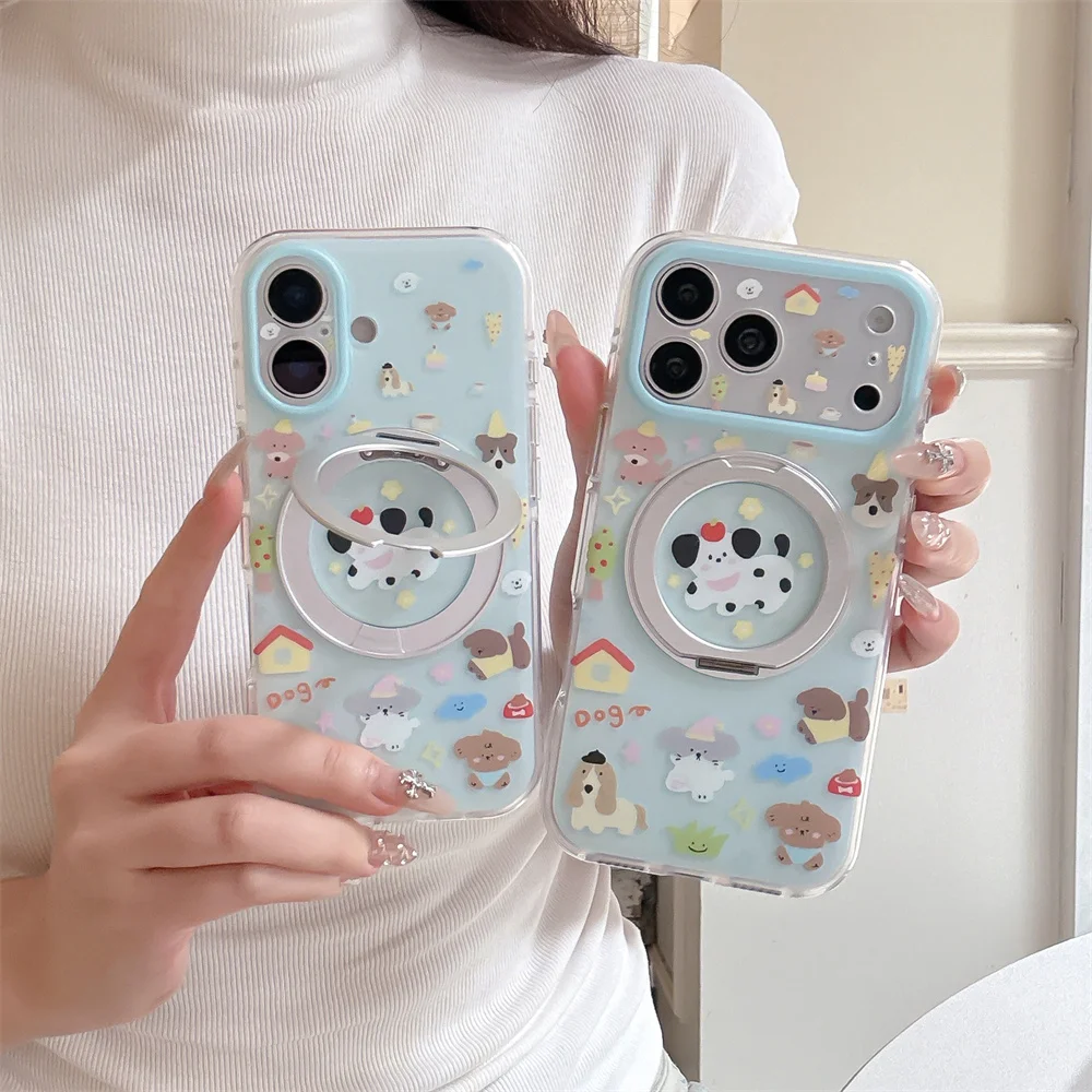 Kawaii Puppy Phone Case For iPhone 15 16 17 Pro Max Cartoon Shell Magnetic Ring Stand Shockproof Anti‑Drop Cover For Girls Women