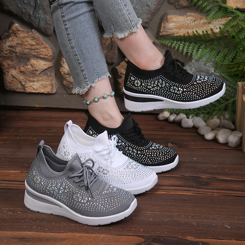 Women's Sparkly Rhinestone Wedge Sneakers Breathable Mesh Lace-Up Casual Walking Footwear