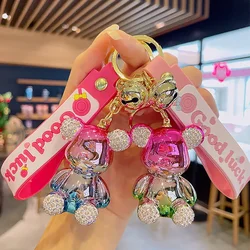 Cute Cartoon Acrylic Rhinestone Plated Sit Bear Keychain Silicone Wrist Strap Couple Doll Bag Charm Pendant Accessories Gift