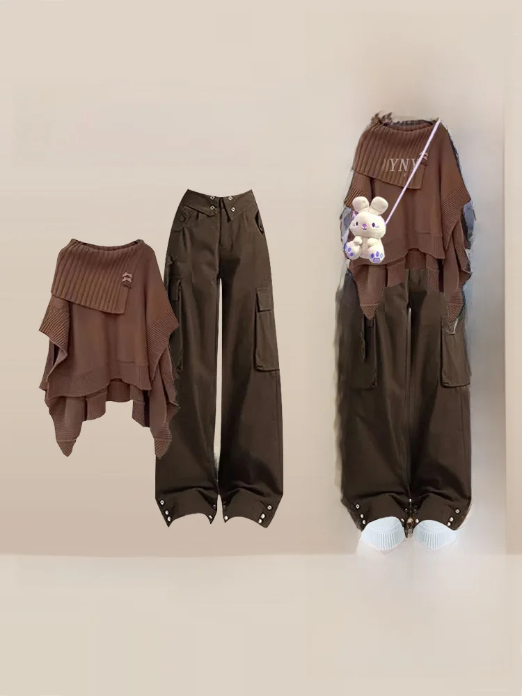 Maglione lavorato a maglia sciolto e pantaloni a gamba larga Set Autunno Inverno da donna Faion Casual Outfit Design asimmetrico Effetto dimagrante